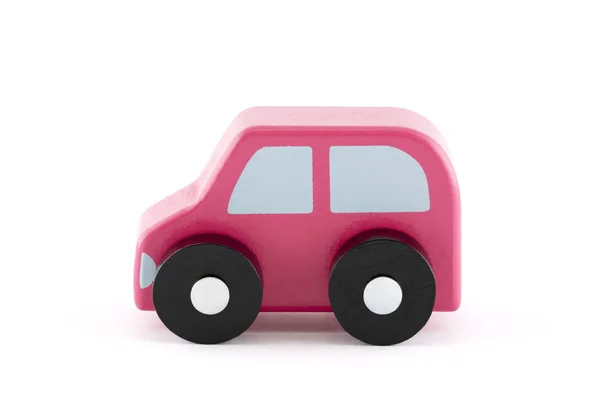 Pequeno Carro Brinquedo Madeira Fundo Branco Com Caminho Recorte — Fotografia de Stock