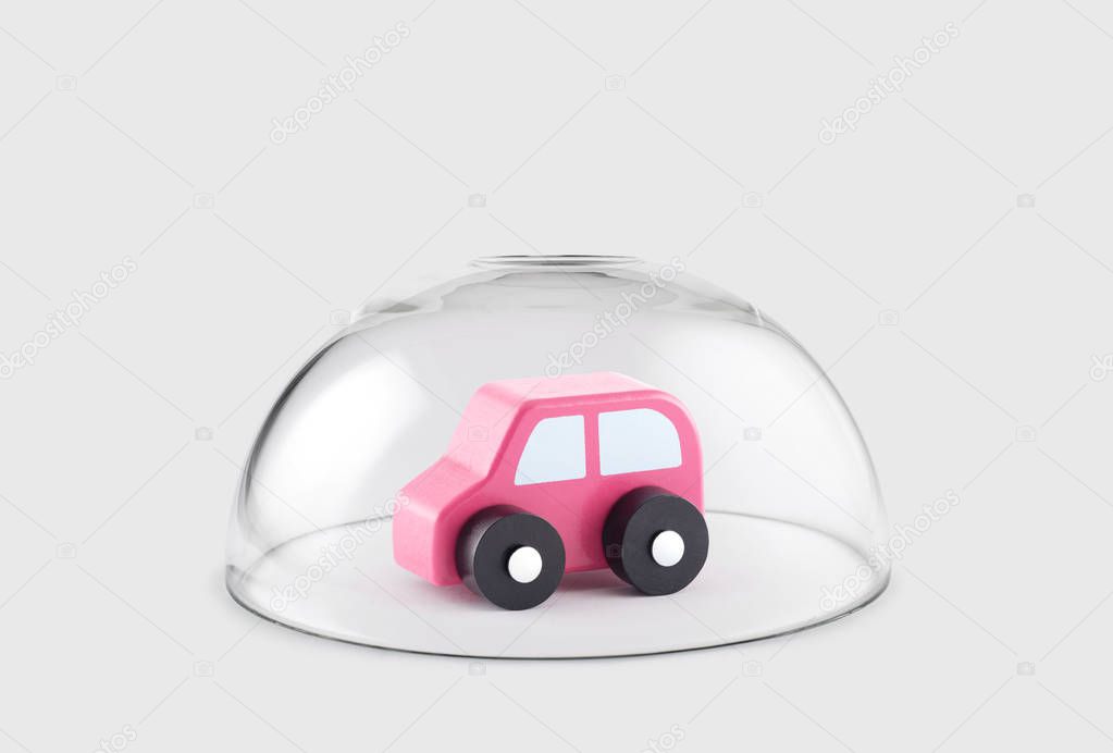 Small wooden toy car protected under a glass dome 
