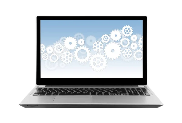Gears Laptop Screen Isolated White Clipping Path — Stock Photo, Image
