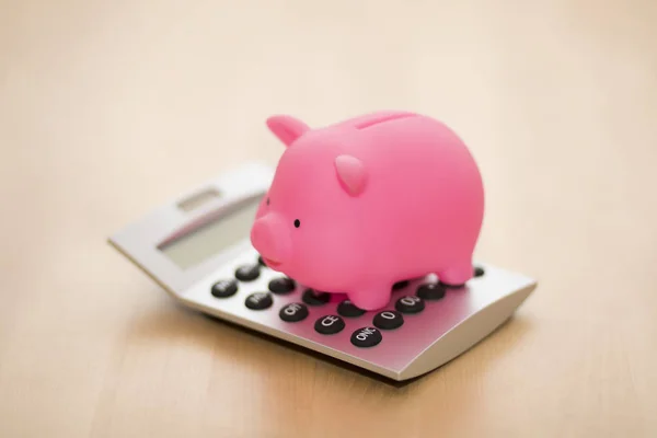 计算器上的小猪银行 会计或银行概念 — 图库照片