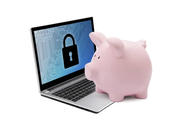 Piggy Bank Computer Security System Laptop Banking Protection — Stock Photo, Image