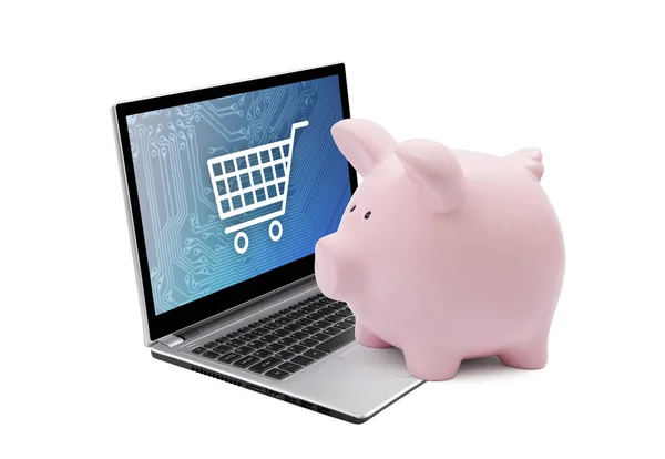 Piggy Bank Laptop Shopping Cart Graphic Saving Concept — Stock Photo, Image