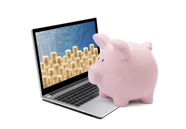 Piggy Bank Laptop Met Stapels Van Gouden Munten Witte Achtergrond — Stockfoto