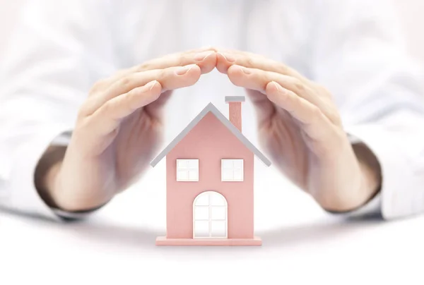Property Insurance House Miniature Covered Hands — Stock Photo, Image