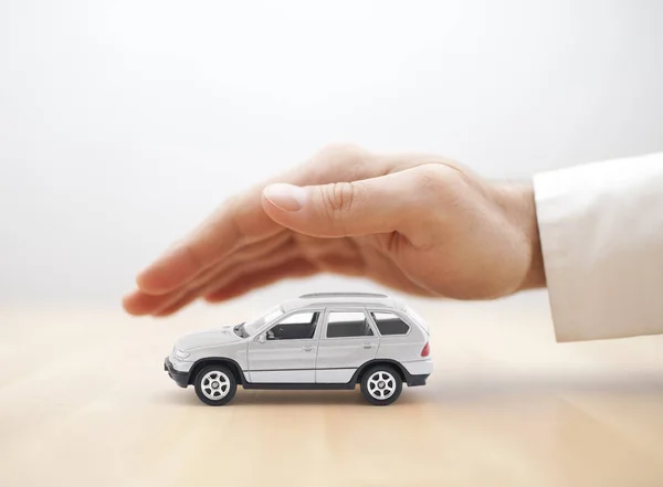 Car Insurance Small Silver Car Covered Hand — Stock Photo, Image