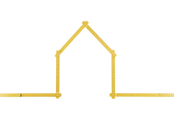Régua Medidor Amarelo Dobrada Como Casa Isolada Fundo Branco — Fotografia de Stock