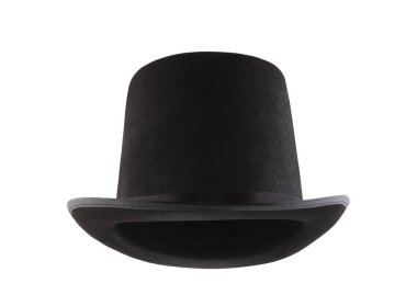 Beyaz arkaplanda izole edilmiş siyah klasik silindir şapka 