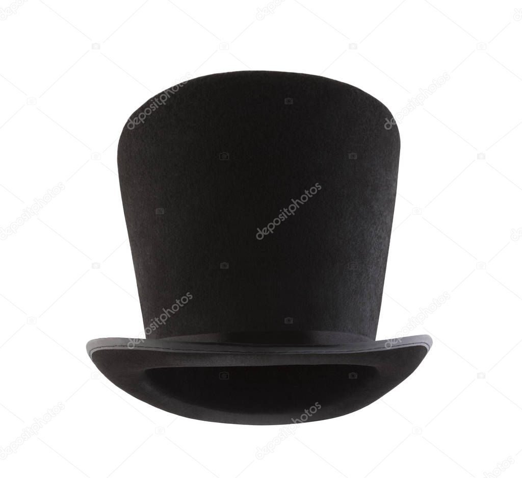 Extra tall black vintage top hat isolated on white background 