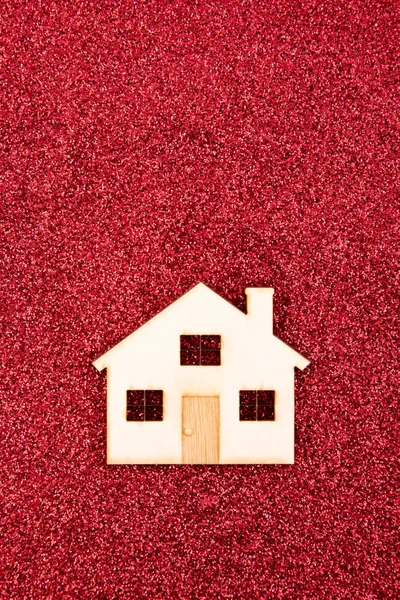 Wooden House Shape Red Glitter Background — Stock Photo, Image