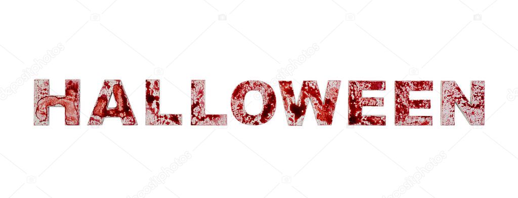 Word halloween splashed with blood isolated on white background