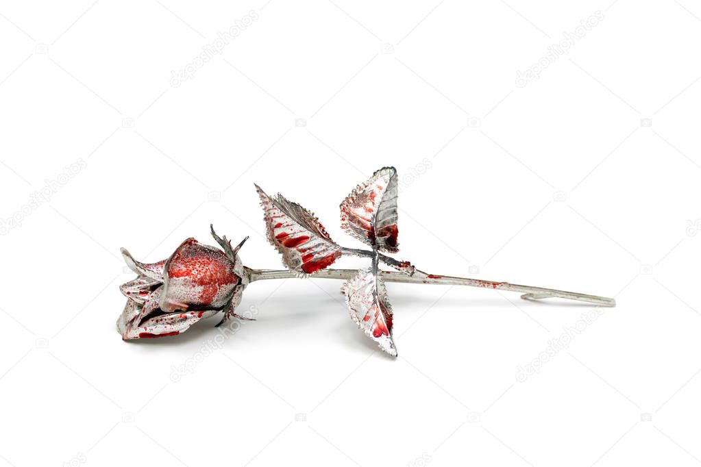 Silver rose splashed with blood over white background 