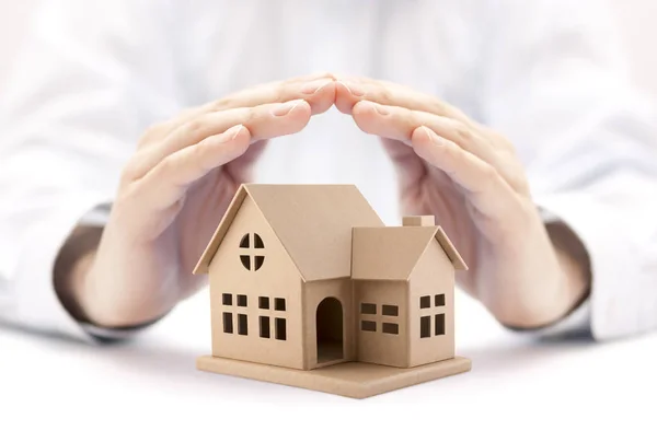 Property Insurance House Miniature Covered Hands — Stock Photo, Image