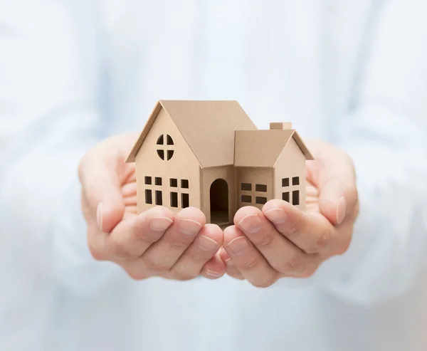Property Insurance Cardboard House Miniature Hands — Stock Photo, Image