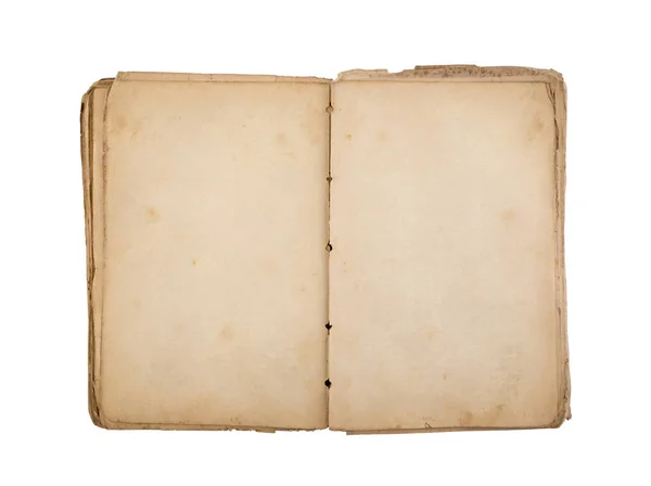 Otwórz Starą Książkę Pustymi Żółtymi Poplamionymi Stronami Białym Tle Ścieżką — Zdjęcie stockowe