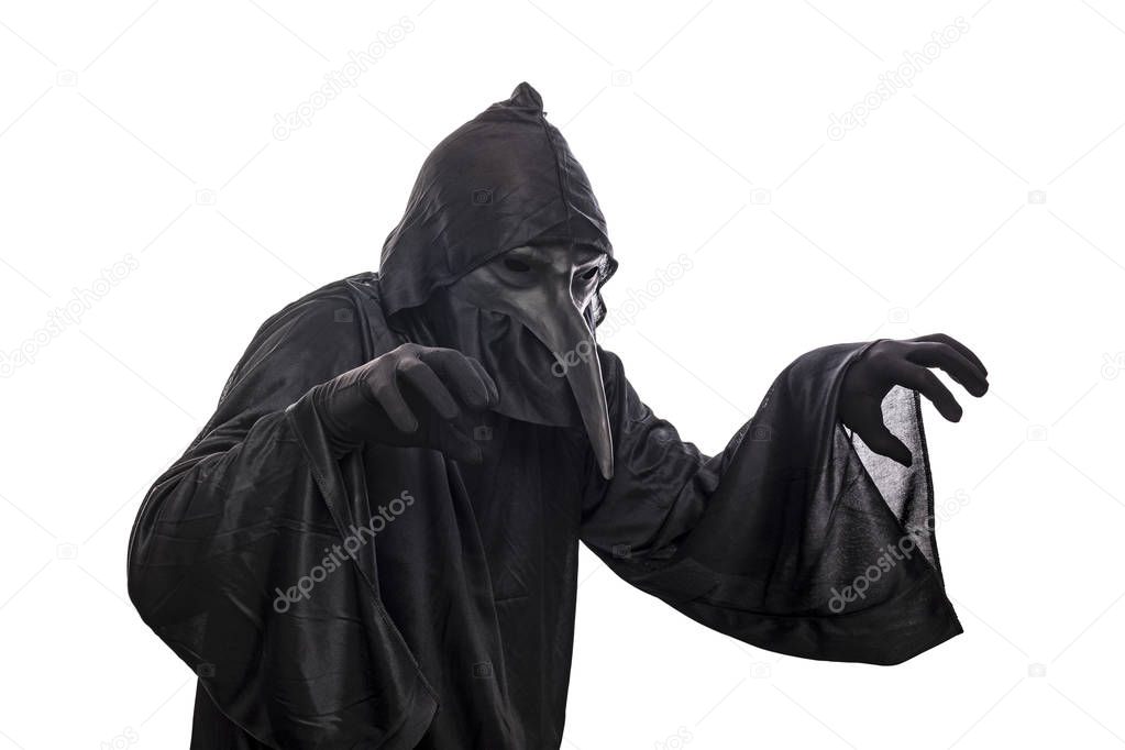 Spooky monster in hooded cloak isolated on white background 