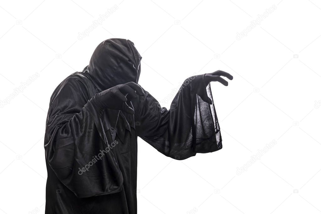 Spooky monster in hooded cloak isolated on white background 