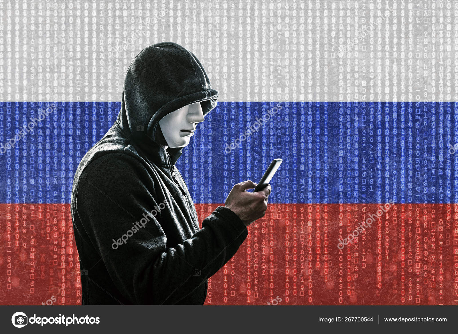 Русский Хакер Капюшоне Маске Держит Смартфон — Стоковое фото © sqback  #267700544