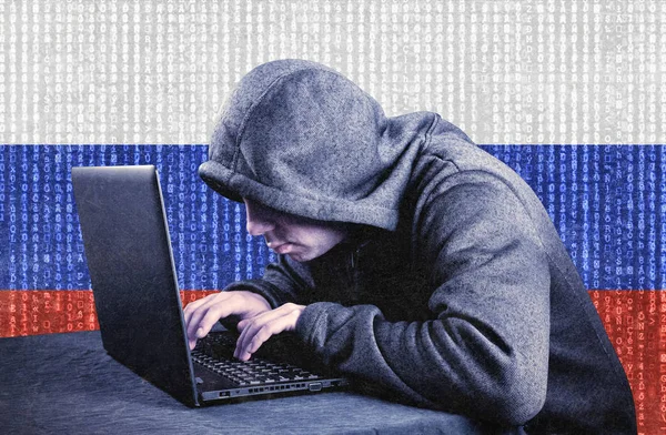 Russian Hooded Computer Hacker Laptop — Stock Photo, Image