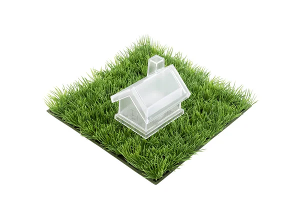 Crystal House Square Green Grass Field Isolated White Background — Stock Photo, Image