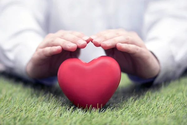 Corazón Rojo Sobre Hierba Verde Cubierta Manos Seguro Salud Concepto — Foto de Stock