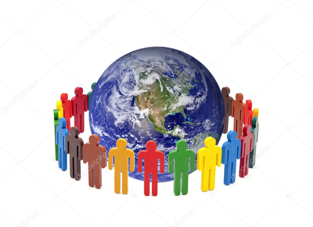 Circle of colourful people around the globe on white background. Earth photo provided by Nasa. 
