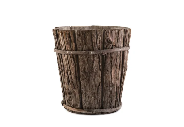 Vintage Fából Készült Virágcserép Izolált Fehér Háttérrel Vágógörbével — Stock Fotó