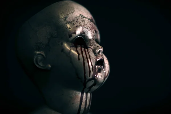 Gruselige Blutige Puppe Dunkeln — Stockfoto