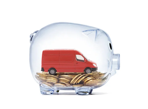 Transport Von Rotem Kleintransporter Auf Münzen Transparentem Sparschwein Mit Clipping — Stockfoto