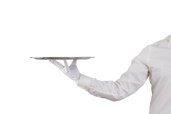 Cameriere Che Tiene Vuoto Vassoio Argento Isolato Sfondo Bianco — Foto Stock