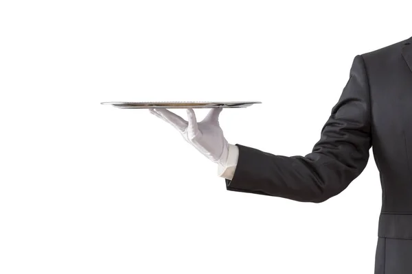 Waiter Holding Empty Silver Tray Isolated White Background — Stock Photo, Image