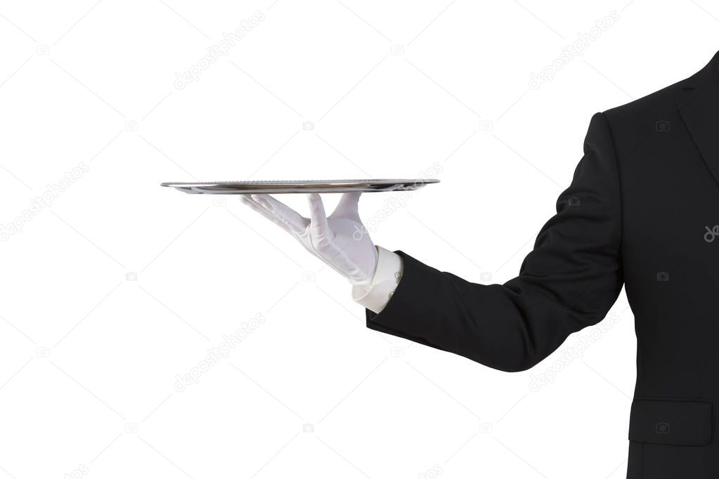 Waiter holding empty silver tray isolated on white background 