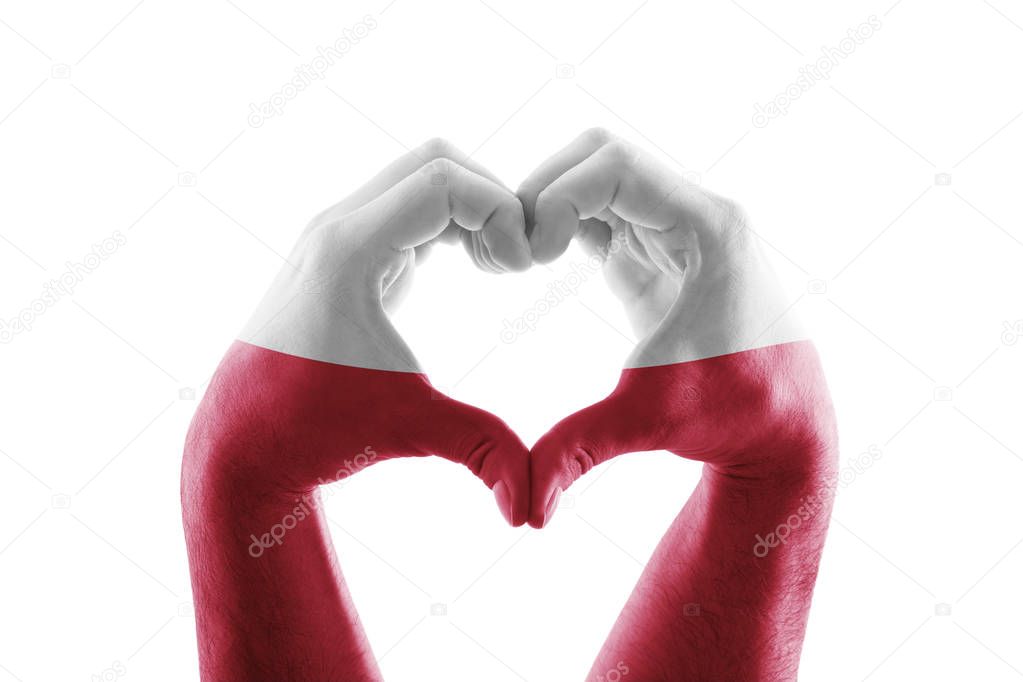 Two hands in the form of heart with Polish flag isolated on white background 