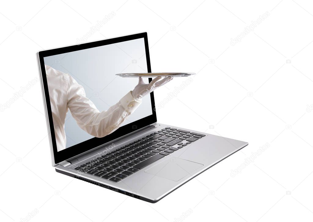 Waiter holding empty silver tray out of a laptop screen isolated on white 