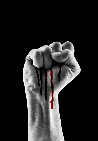 Raised Hand Showing Fist Red Blood Isolated Black Background — Stock Photo, Image