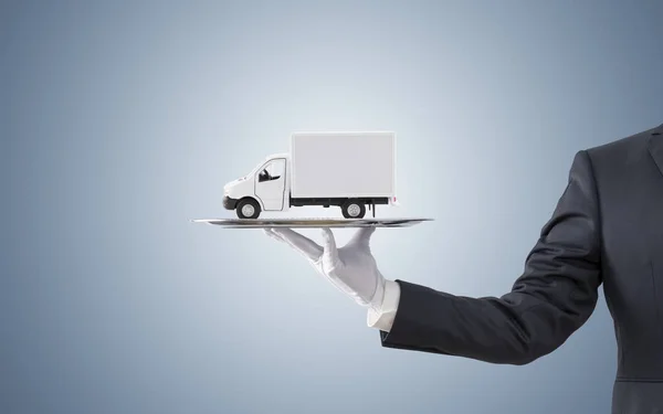 Businessman Offering Cargo Delivery Truck Silver Tray — Stock Photo, Image