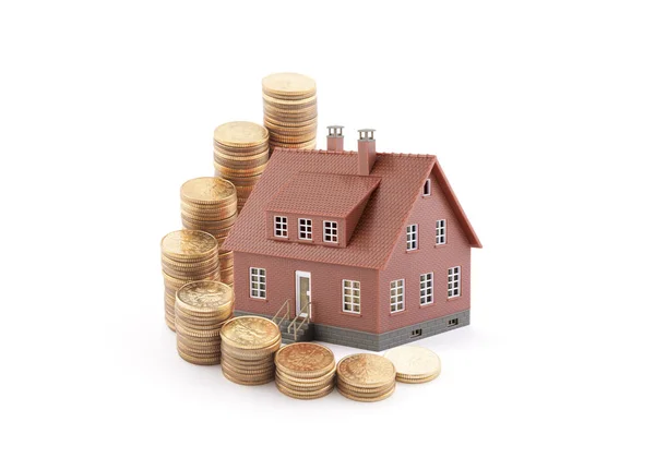 Invest Real Estate Concept Small Brown Toy House Golden Coins — Stock Photo, Image