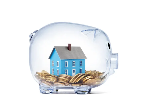 Blue House Geld Binnen Transparante Piggy Bank Met Uitknippad — Stockfoto