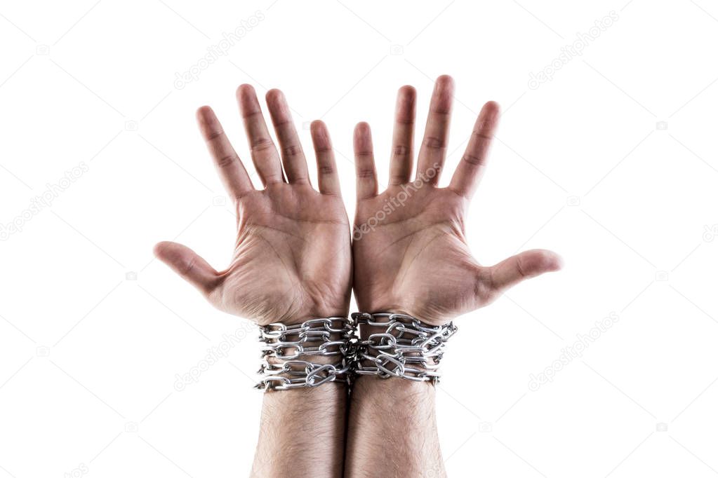 Two hands in chains isolated on white background with clipping path 