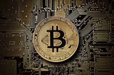 Bilgisayar devre kartındaki Bitcoin altın sikkesi 