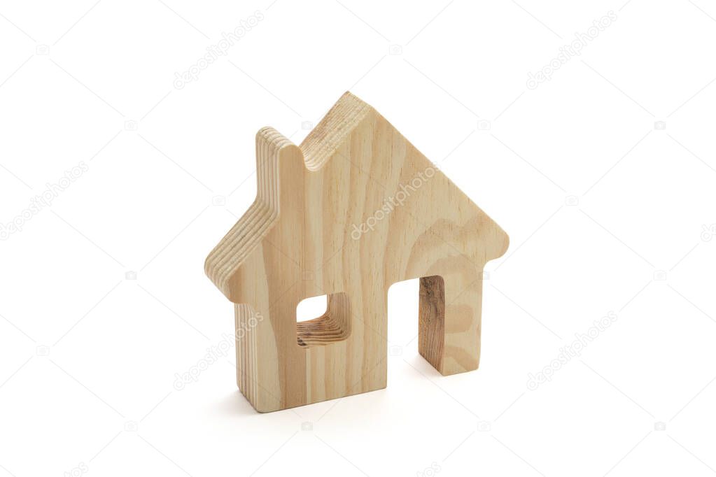 Wooden house shape on white background with clipping path