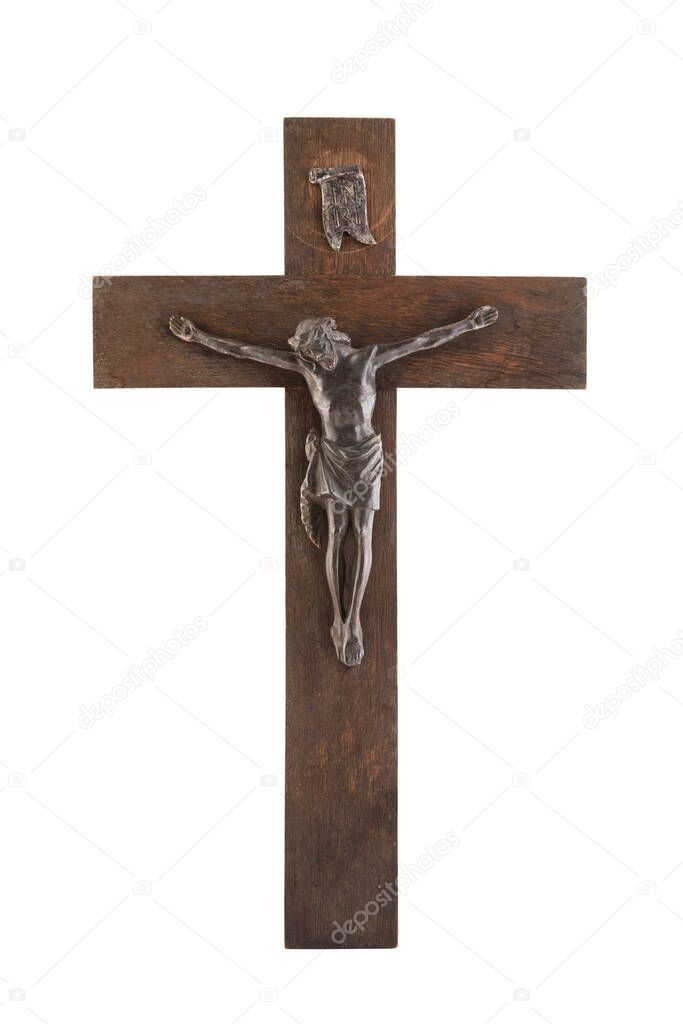 Old crucifix isolated on white background with clipping path