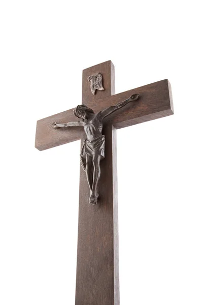 Vieux Crucifix Isolé Sur Fond Blanc Avec Chemin Coupe — Photo