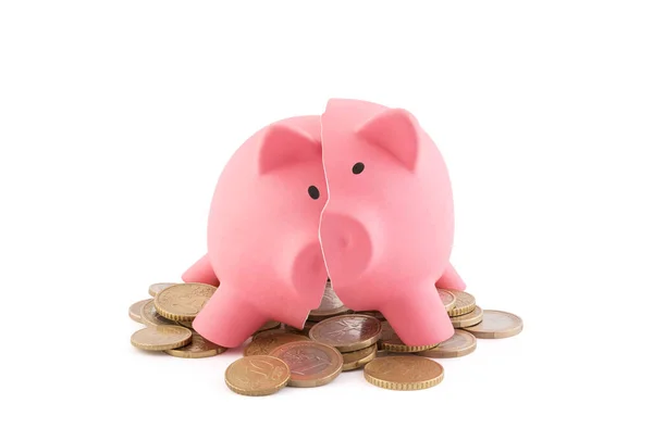 Broken Piggy Bank Coins White Background Clipping Path — Stock Photo, Image