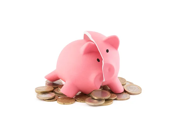 Broken Piggy Bank Coins White Background Clipping Path — Stock Photo, Image