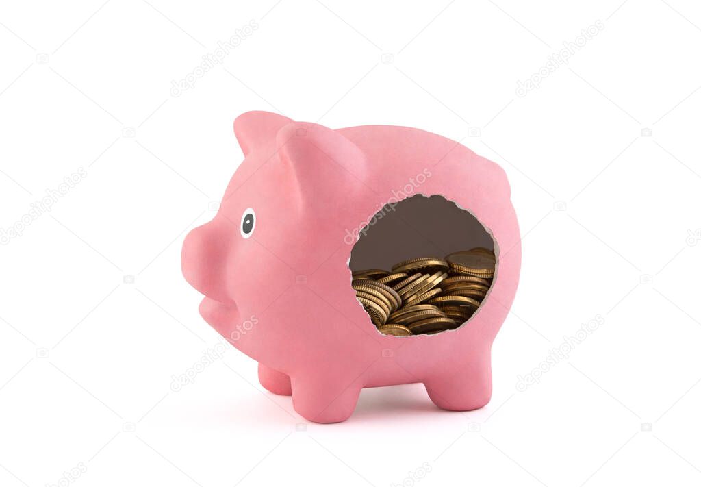 Leaky piggy bank with coins isolated on white background with clipping path