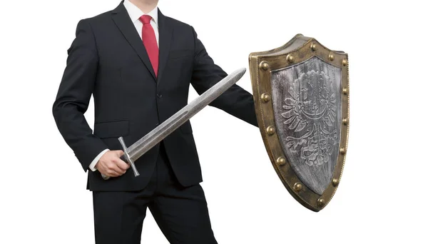 Zakenman Met Zwaard Schild Geïsoleerd Witte Achtergrond Met Knippad Bedrijfsbeschermingsconcept — Stockfoto