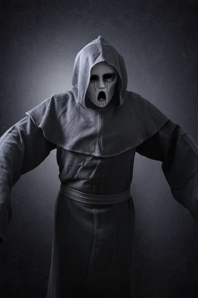 Scary Figure Mask Hooded Cloak Dark — Stock Photo, Image