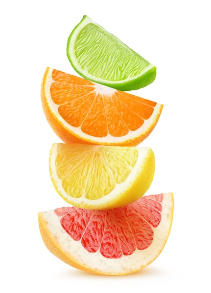 Rodajas Cítricos Aislados Trozos Pomelo Naranja Limón Lima Uno Encima —  Fotos de Stock