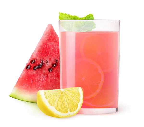 Geïsoleerde Drankje Glas Watermeloen Limonade Met Vers Fruit Muntblad Geïsoleerd — Stockfoto