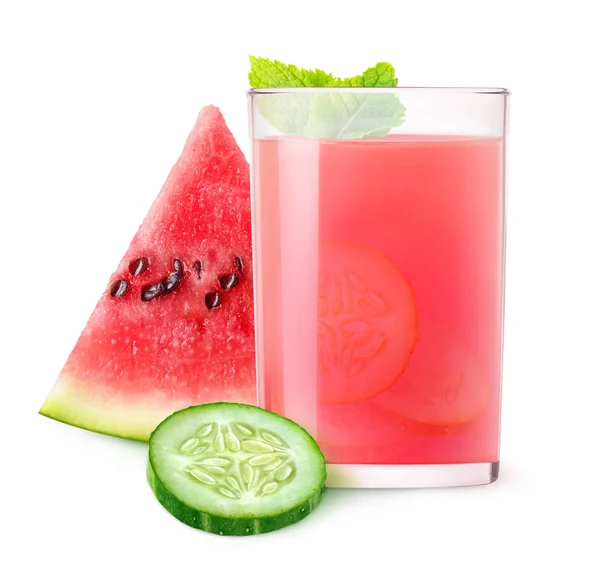 Isolated Refreshment Glass Watermelon Cucumber Cocktail Pieces Fruits Isolated White — Stock Photo, Image